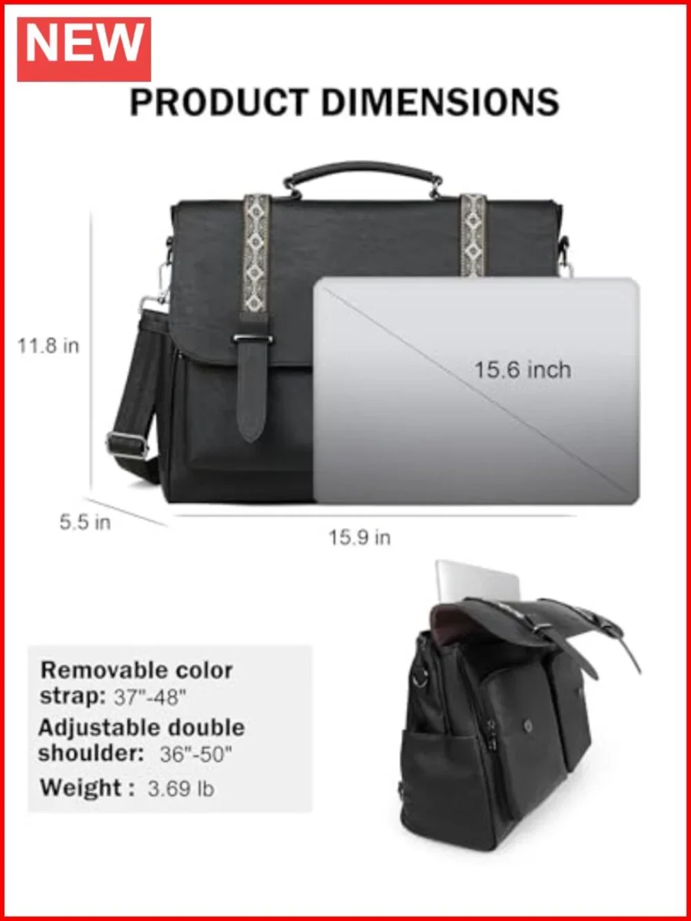 Faux Leather 17L Convertible Messenger Laptop Bag Satchel Purse, 14 Pockets,